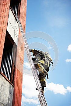 Firefighter climb on fire stairs