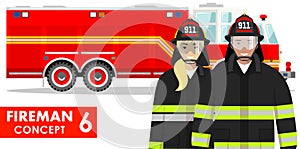 Firefighter concept. Detailed illustration of fireman and firewoman in uniform standing together near fire truck in flat