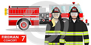 Firefighter concept. Detailed illustration of fireman and firewoman in uniform standing together near fire truck in flat