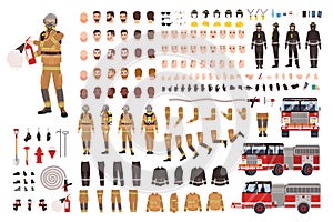 Firefighter creation set or DIY kit. Bundle of fireman body parts, facial expressions, protective clothing, equipment