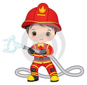 Firefighter Cute Little Boy with Fire Hose