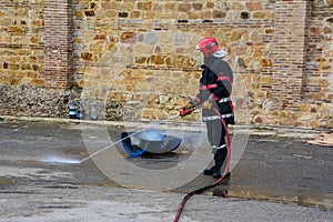 A firefighter doing regular exercises. Civil Protection