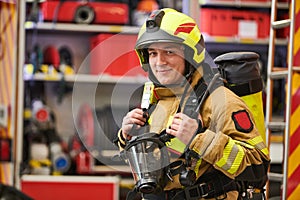 firefighter on duty. Portrait of fireman at work