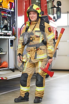 firefighter on duty. Portrait of fireman at work