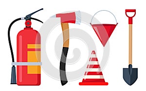 Firefighter emergency equipment set. Axe, hose, hydrant, extinguisher, safety traffic cone, spade fireman tools. Portable