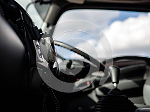 Firefighter equipment in a fire truck with walkie talkie