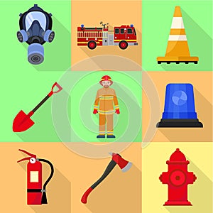 Firefighter equipment icon set, flat style