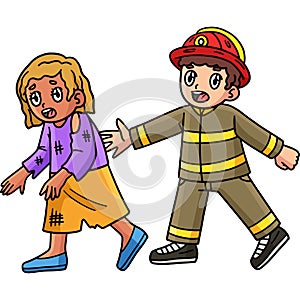 Firefighter Escorting a Survivor Cartoon Clipart