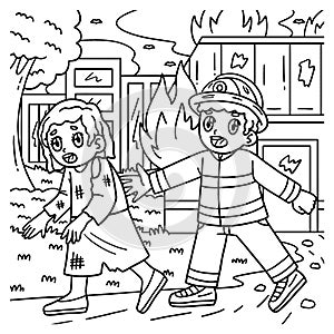 Firefighter Escorting Survivor Coloring Page