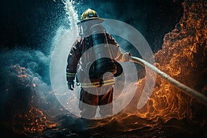 A firefighter exting a fire with a hose, Generative Ai