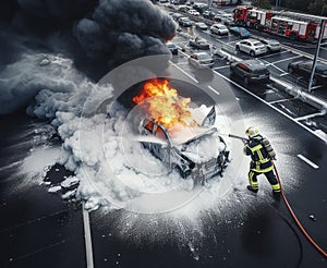 Firefighter Extinguish Burning melting ev electric Car with chemical foam, on a parking lot daytime