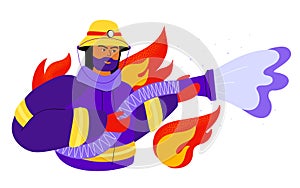 Firefighter extinguishes the fire - colorful flat design style illustration