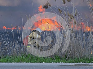 Firefighter extinguishes fire in the field