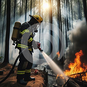 A firefighter extinguishes a fire in the forest.