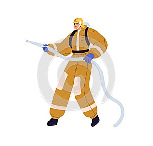 Firefighter extinguishing, fighting fire with hose, holding pipe in hand. Fireman, fighter in uniform protecting with