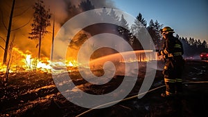 Firefighter extinguishing a fire in the forest at night