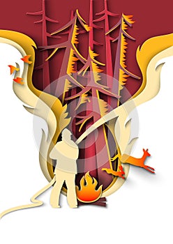 Firefighter extinguishing fire in forest papercut style