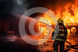 Firefighter extinguishing fire with high-pressure water. Generative AI