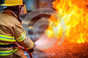 Firefighter extinguishing fire on severe fire