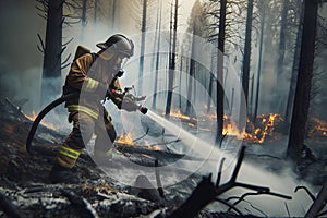 A firefighter extinguishing a forest fire.