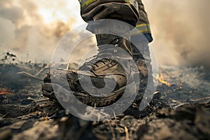 A firefighter in a field of fire, wearing a helmet and standing among flames