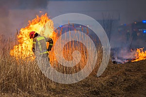 Firefighter Fighting with Burning Grassland