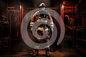 Firefighter in the fire station. Photo in old image style, Firefighter bunker suit in the fire station, AI Generated