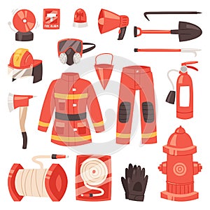 Firefighter firefighting equipment firehose hydrant and fire extinguisher illustration set of fireman uniform with