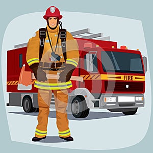 Firefighter or fireman with fire truck