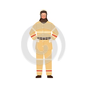 Firefighter, fireman, rescuer man in fireproof protective suit, clothes, uniform and helmet. Emergency services worker