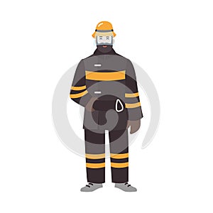 Firefighter, fireman or rescuer wearing fireproof protective clothes or uniform and helmet. Funny male cartoon character