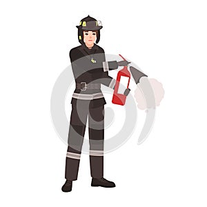 Firefighter, fireman or rescuer wearing fireproof protective uniform, helmet and holding fire extinguisher. Male cartoon