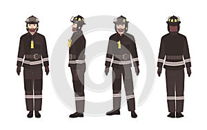 Firefighter or fireman wearing protective clothes or uniform and helmet isolated on white background. Male cartoon