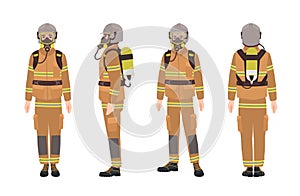 Firefighter or fireman wearing protective gear or uniform, helmet, breathing apparatus and air cylinder. Male cartoon