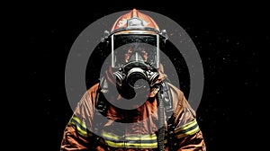 Firefighter in full gear. Reflection of fire on visor