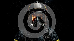 Firefighter in full gear. Reflection of fire on visor