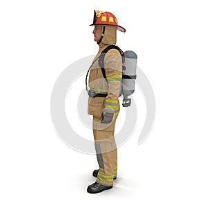 Firefighter In Fully Protective Uniform Standing Pose 3D Illustration On White Background