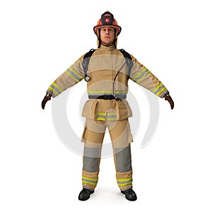 Firefighter In Fully Protective Uniform Standing Pose Isolated 3D Illustration On White Background