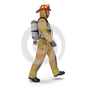 Firefighter In Fully Protective Uniform Walking Pose Isolated 3D Illustration On White Background