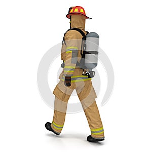 Firefighter In Fully Protective Uniform Walking Pose Isolated 3D Illustration On White Background