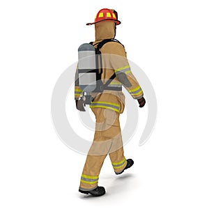 Firefighter In Fully Protective Uniform Walking Pose Isolated 3D Illustration On White Background