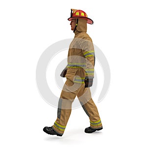 Firefighter In Fully Protective Uniform Walking Pose Isolated 3D Illustration On White Background