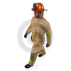 Firefighter In Fully Protective Uniform Walking Pose Isolated 3D Illustration On White Background
