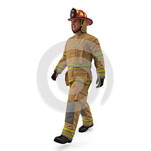 Firefighter In Fully Protective Uniform Walking Pose Isolated 3D Illustration On White Background