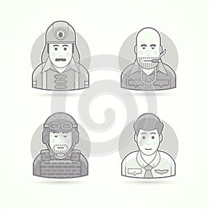 Firefighter, gangster, soldier, steward icons. Avatar and person illustrations.