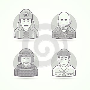 Firefighter, gangster, soldier, steward icons. Avatar and person illustrations. photo