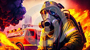 Firefighter with gas mask and fire in the background. Generative AI