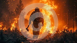 Firefighter in gear with axe in flames of fire