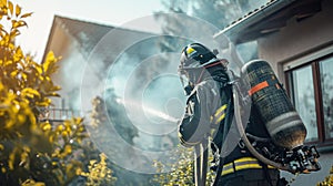 Firefighter in gear extinguishing house fire