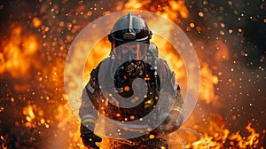 A firefighter gets out of the flames of the fire in a protective suit